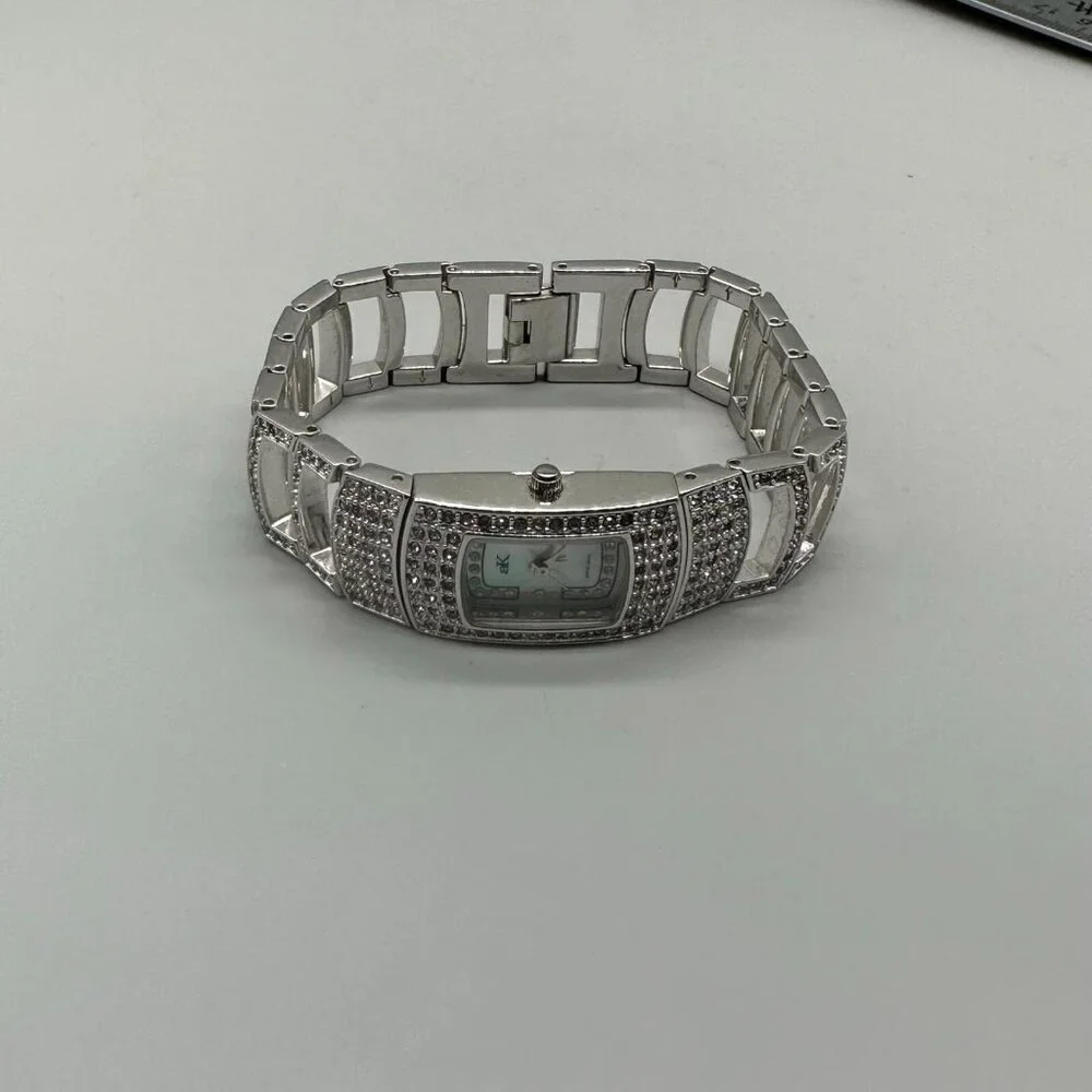 Adee Kaye Watch Women Silver Rhinestone Bracelet Mother of Pearl Dial Works 7